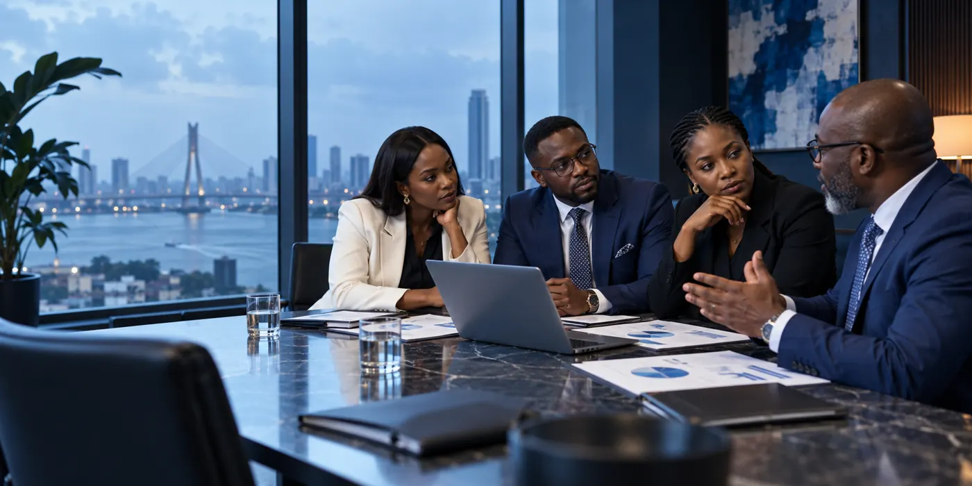 Nigerian executives discussing business strategy around a boardroom table