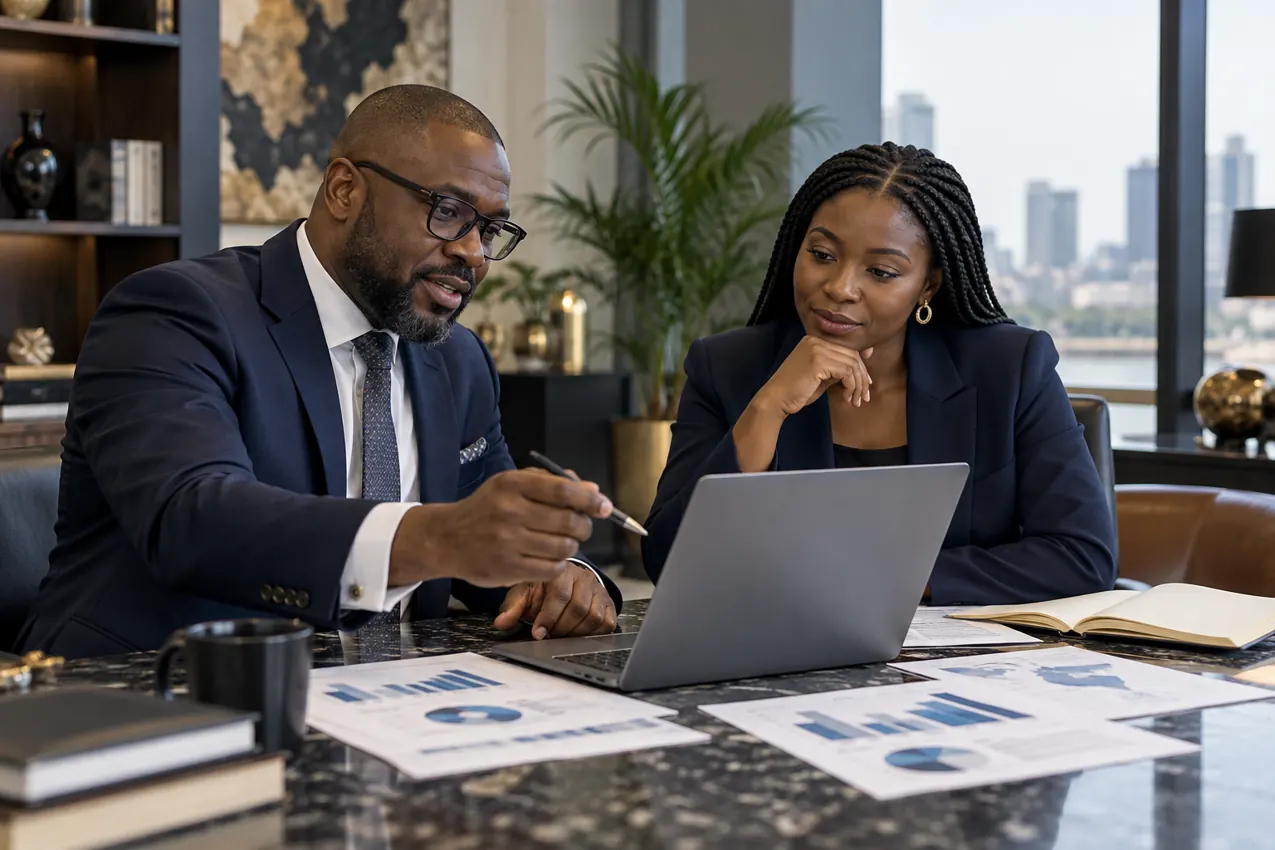 Executives reviewing customer growth and digital trust